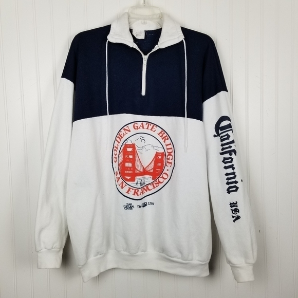 Vintage USA Sweatshirt Golden Gate Bridge Puffy Graphic 1/4 Zip Pull Over Collar - Picture 12 of 12